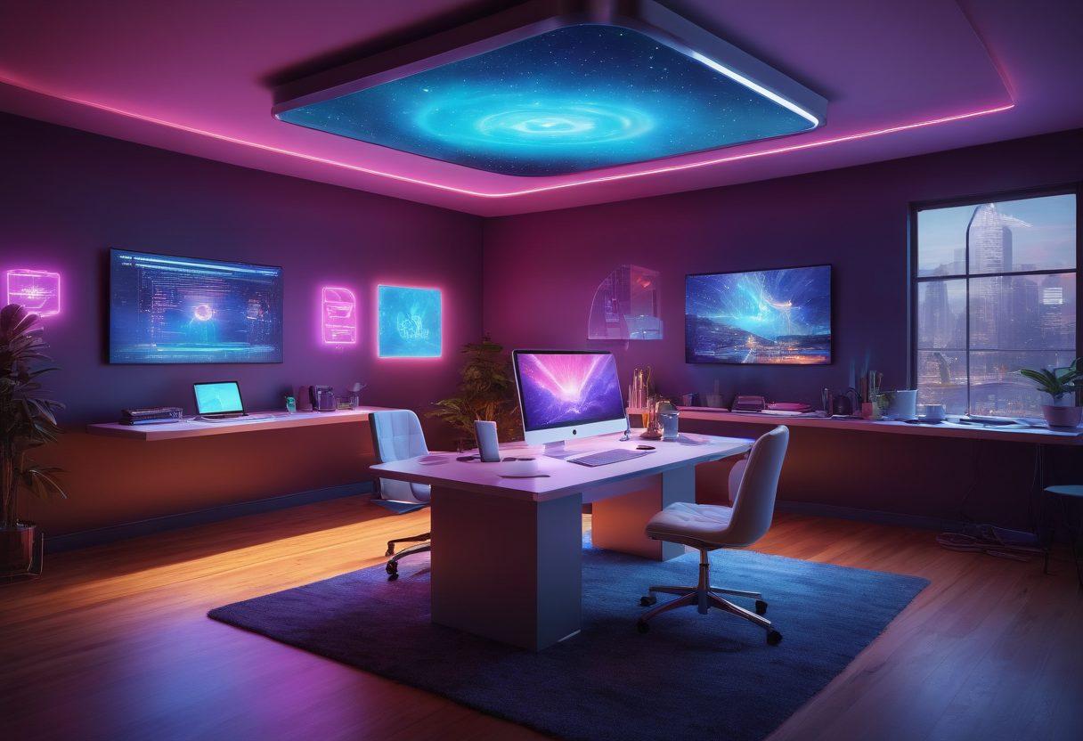 A vibrant, futuristic workspace filled with innovative blogging tools and digital devices, surrounded by floating holograms of creative ideas and inspiration. A diverse group of bloggers is collaborating, exchanging ideas, and brainstorming over a sleek digital interface. Bright colors and dynamic elements symbolize the limitless potential of creativity. super-realistic. vibrant colors. futuristic style.