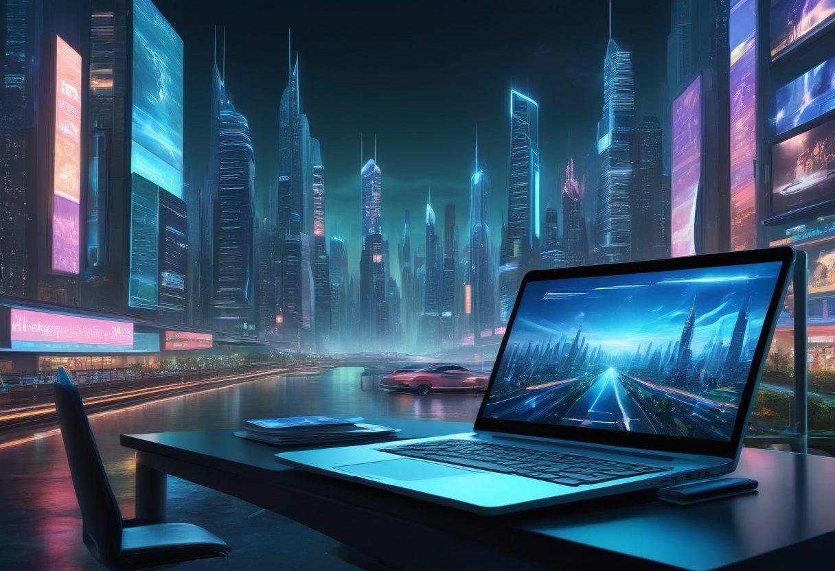 A futuristic city skyline showcasing innovative technology, with flying cars and holographic billboards. In the foreground, an open laptop surrounded by scattered articles and books, symbolizing crafting insightful content. A glowing light bulb above representing inspiration and ideas. Soft blue and green hues to emphasize a modern tech vibe. super-realistic. vibrant colors. cyberpunk.
