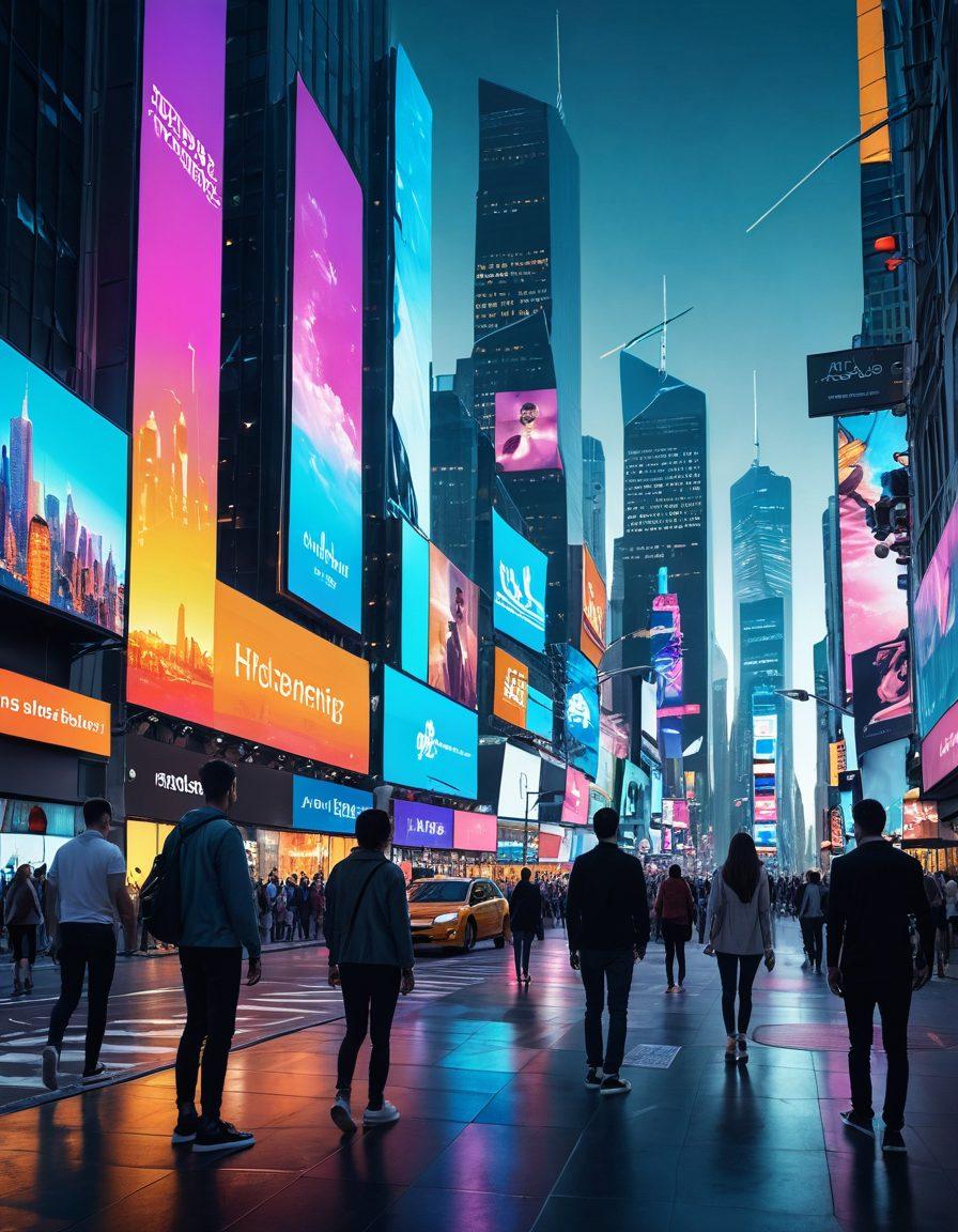 A futuristic city skyline with digital screens showcasing innovative lifestyle trends. In the foreground, diverse individuals are using advanced technology, like holographic devices and wearable gadgets. The atmosphere is vibrant and dynamic, representing the intersection of innovation and everyday life. Bright colors and a blend of real and digital elements create a visually striking composition. super-realistic. vibrant colors. 3D.